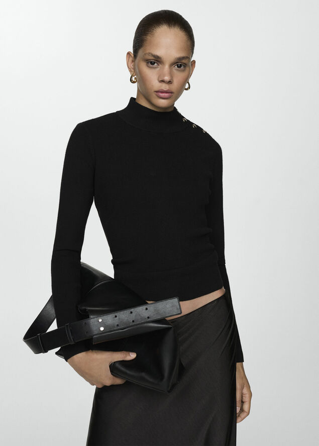 MANGO Striped sweater with shoulder butto Black