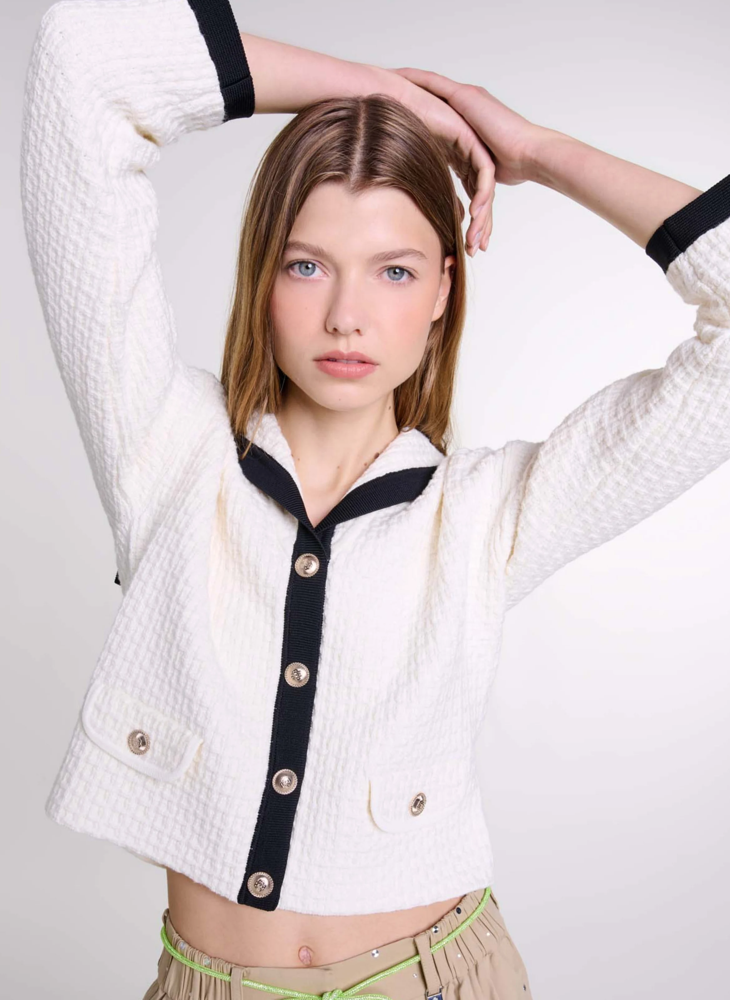 Cardigan court col marin en coton texturé | Beige