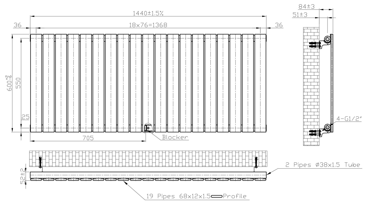 Eastbrook Warrington paneelradiator type 10 145x60cm 1257W zwart mat