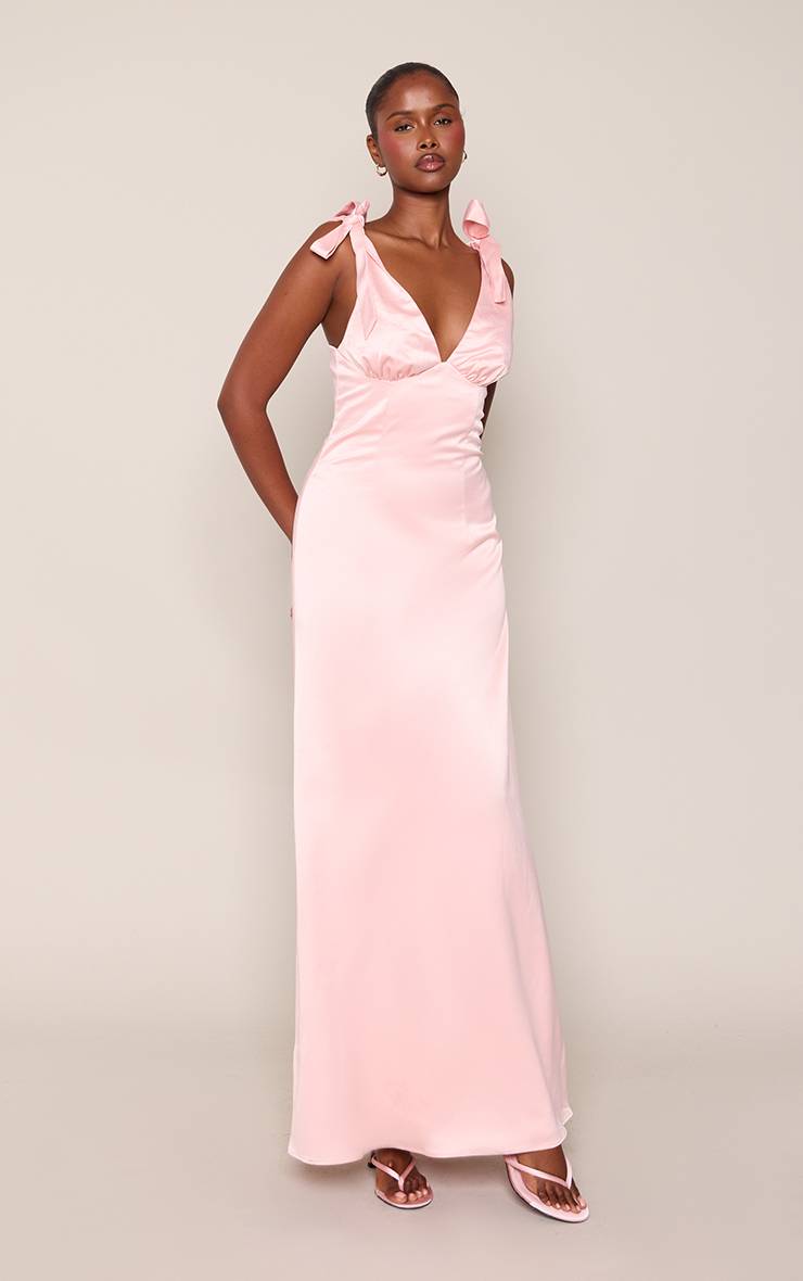 Rose Pâle Robe Maxi En Satin À Épaules Nouées