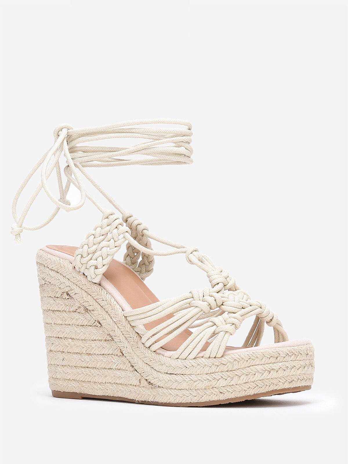 Sandales compensées à fines brides nouées- Beige clair