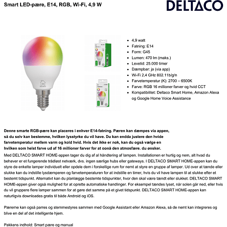Deltaco LED pære 4,9W - smart lys
