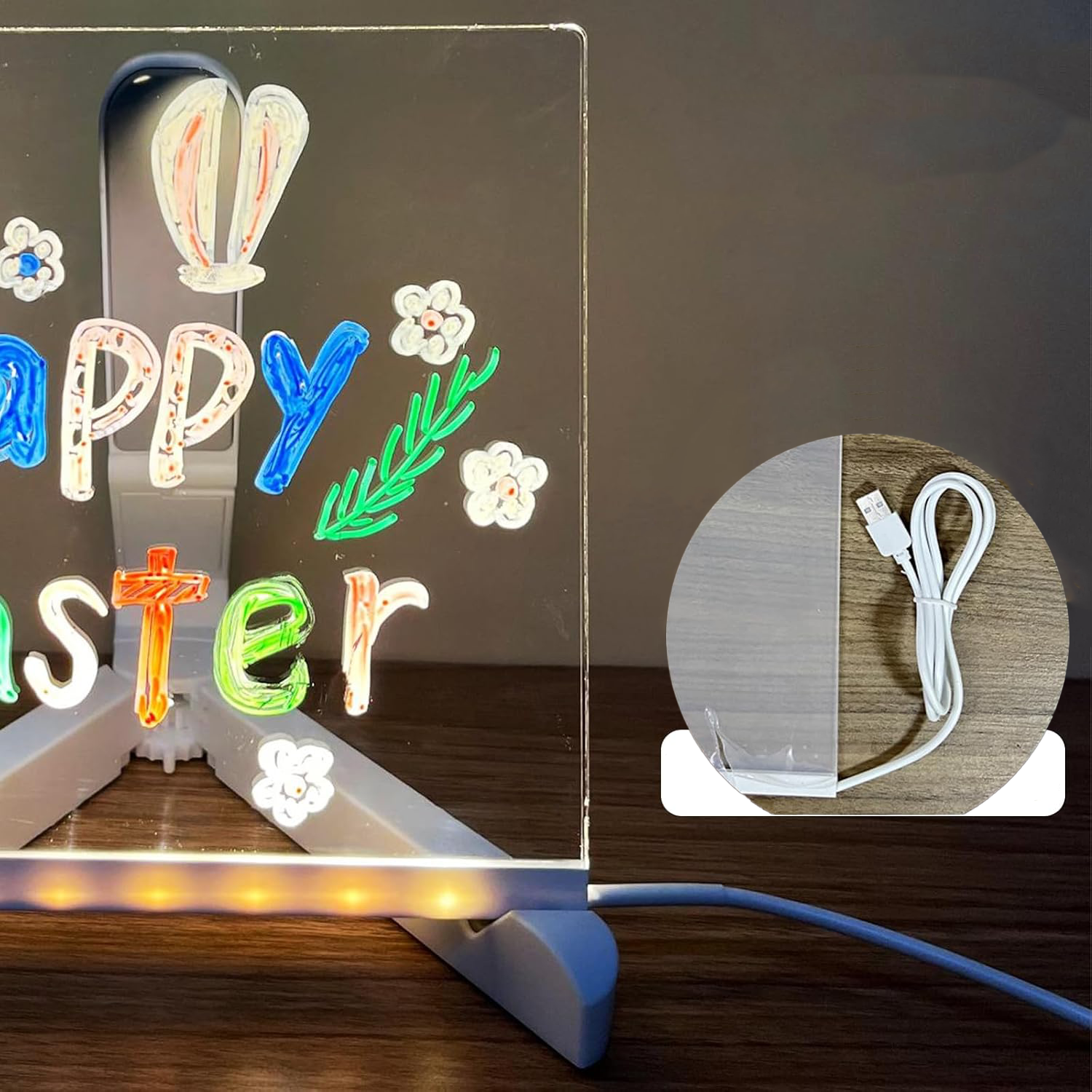 (20x20cm) LED Acryl Notiztafel DIY Message Board Beschriftbare USB Leucht Nachrichten Tafel Deko Schreib Brett inkl. Ständer / Stifte / Reinigungstuch