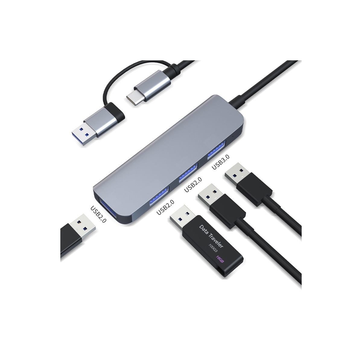 Dobbel USB-C og USB-A Hub med 1 USB3.0-port og 3 USB2.0-porter