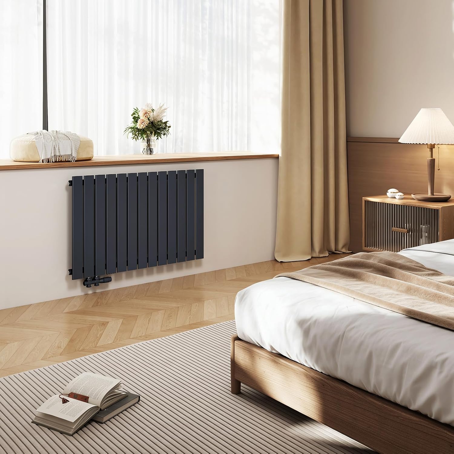 EMKE Design Heizkörper Flach, 630x1006 mm Horizontal Flachheizkörper mit Seitenanschluss, Einlagig Paneelheizkörper Wandheizkörper für Bad, Schlafzimmer & Wohnzimmer, Anthrazit 210W