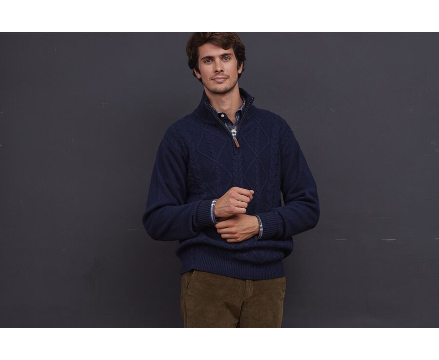 Pull homme col zippé laine  Bleu marine - KENTH