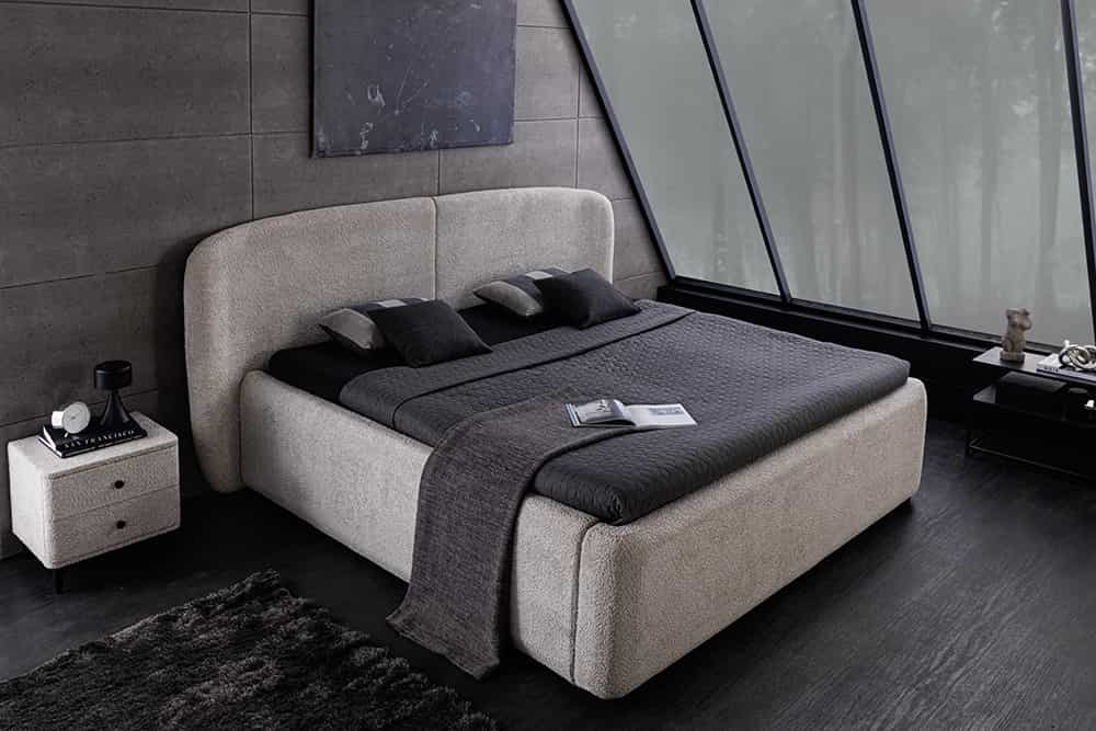 Modernes Boxbett ART DECO 180x200cm greige Bouclé mit Stauraum und Lattenrost
