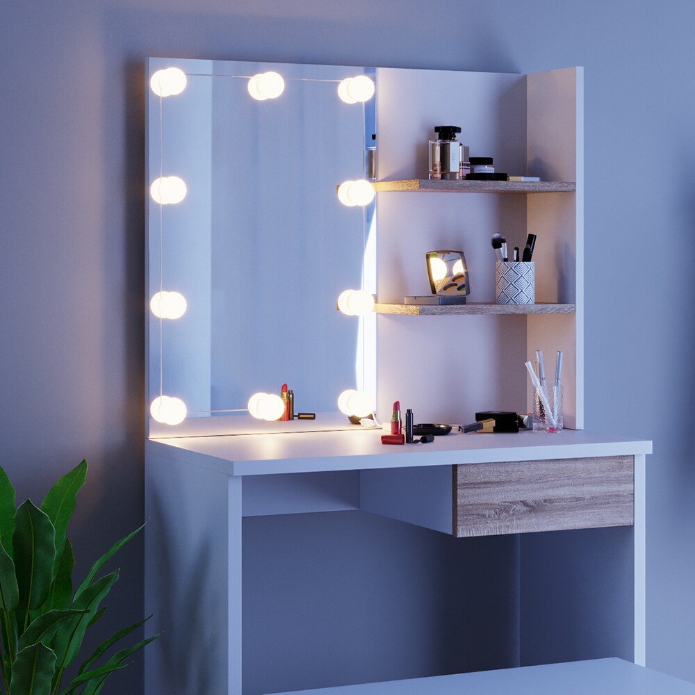 VICCO LED Schminktisch DEKOS Frisiertisch Kommode Kosmetiktisch Weiß Eiche Bank