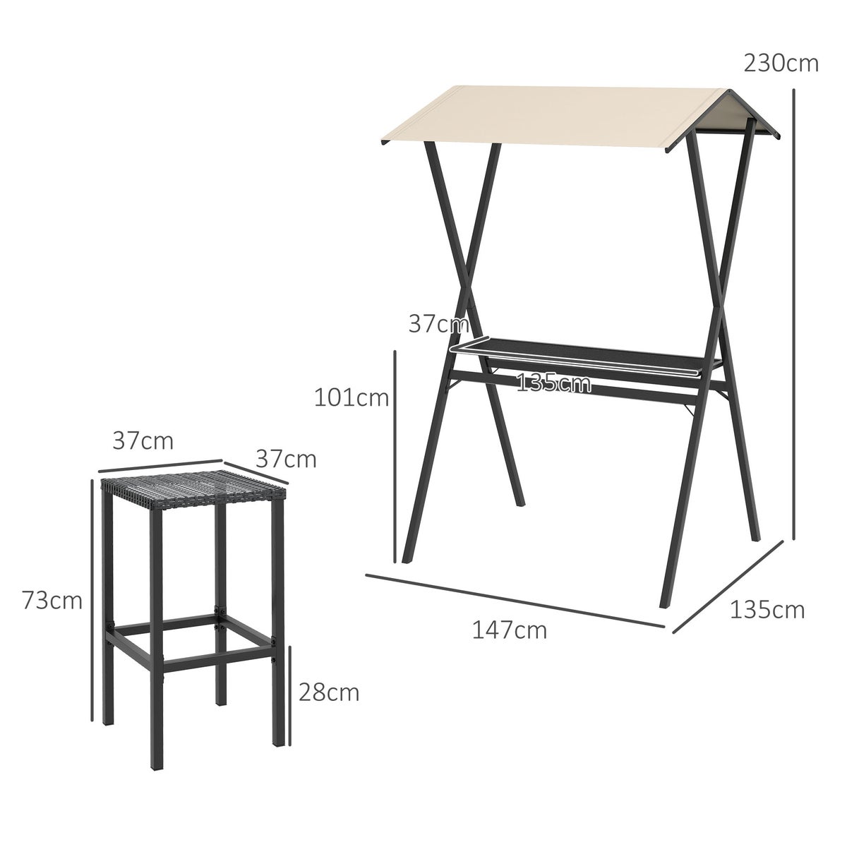 Outsunny Tuinbarset, Rotan Bartafel met 4 Barkrukken, Statafel met Luifel, Zitgroep met Voetensteun, Staal, Zwart