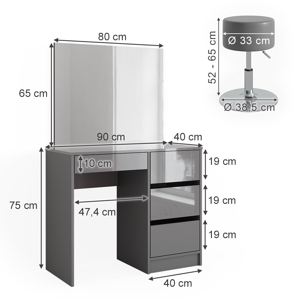 Vicco Schminktisch Sherry Grau Hochglanz, 90 x 75 cm, Spiegel, Hocker, Frisiertisch