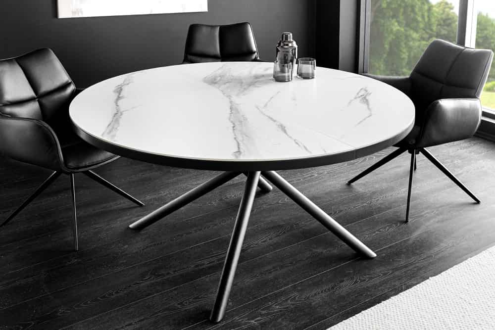 Ausziehbarer Esstisch MIKADO 120-160cm weiß Keramik oval schwarz Sterngestell