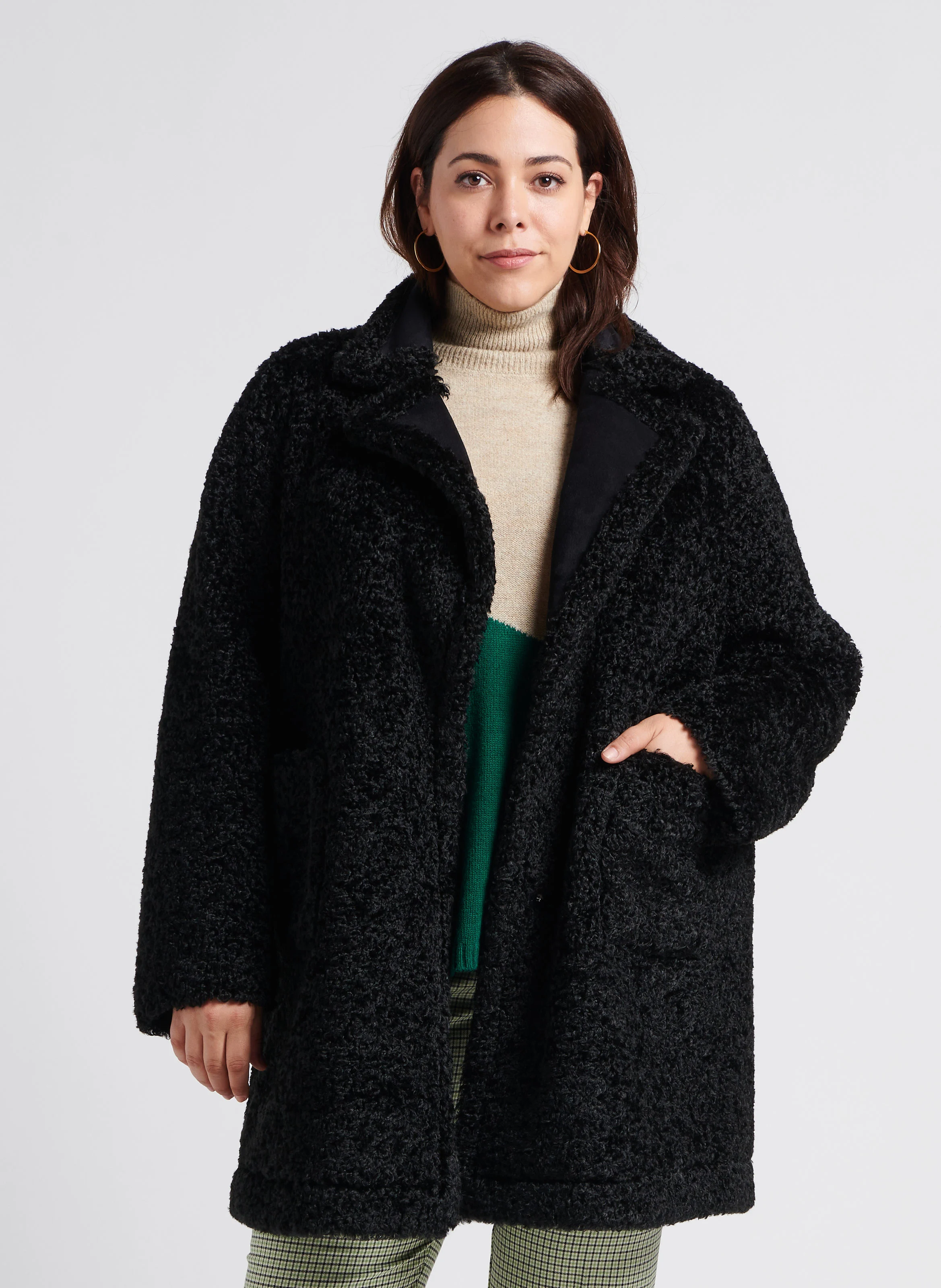 EDEN - Manteau long réversible à col peluche| Noir