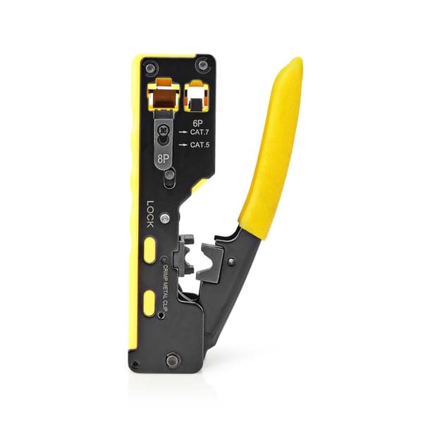 Crimp pliers | CAT5 / CAT5e / CAT6 / CAT6a / CAT7 / RJ12 / RJ45 | Cutting / Plier / Stripping | Gummi / Stål | Gul / Sort