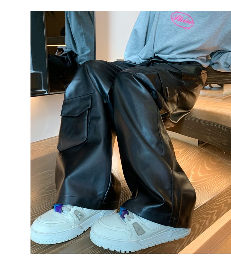 Breeson - Cargobroek van imitatieleer met elastische taille en wijde pijpen