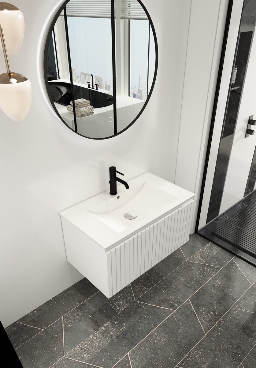 Fontana Lento wit badkamermeubel ribbelfront met witte wastafel 80cm 1 kraangat en ronde spiegel