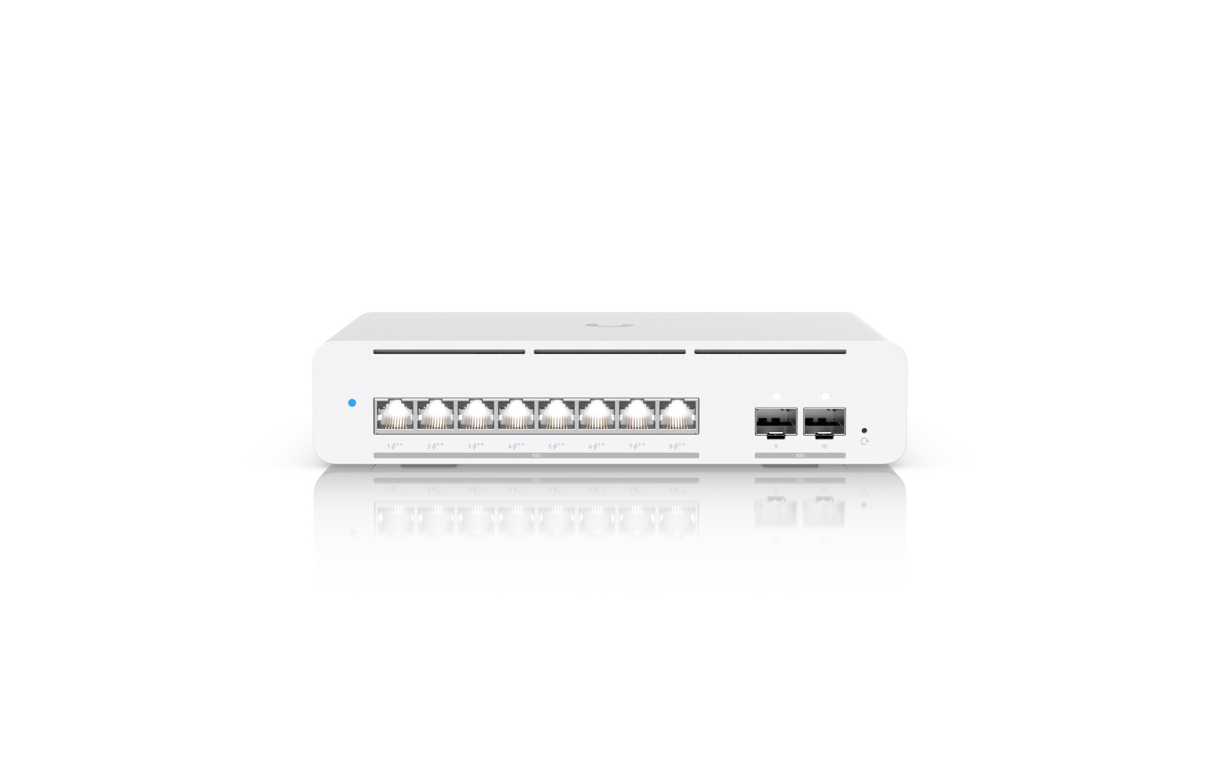 PoE++ Switch Pro XG 8 PoE 10 Port<br>Kompakter, professioneller 8-Port-Layer-3-Etherlighting-PoE++-Switch für die Tisch-/Wandmontage mit 8x 10 GbE- und 2x 10G SFP+-Ports