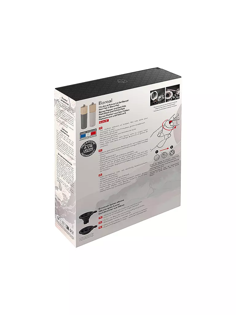 PEUGEOT Geschenkset - Duo aus Boreal Pfeffer- und Salzmühle 21 cm und Silikontrichter Felsgrau und Rosa hellgrau