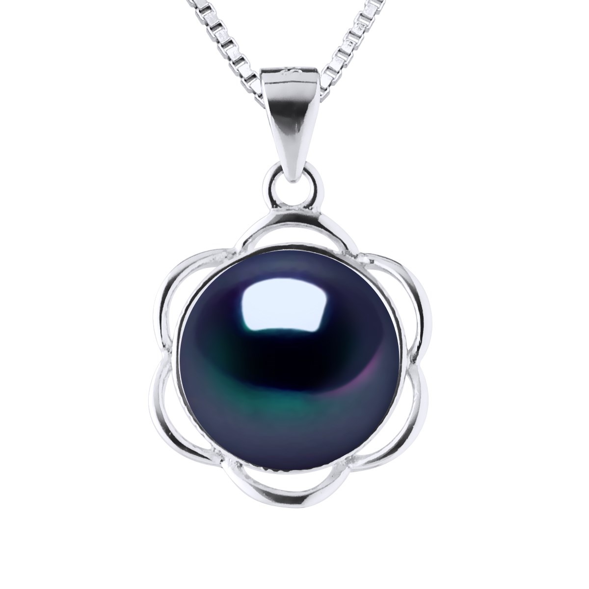 Collier PETALES Perle d'Eau Douce 9-10 mm Noire Argent 925