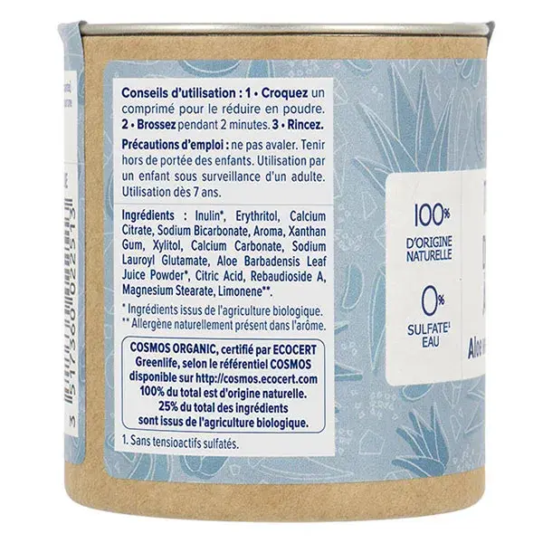 Pasta de dente mastigável natural Natessance com aloe vera orgânica e bicarbonato, 80 comprimidos.
