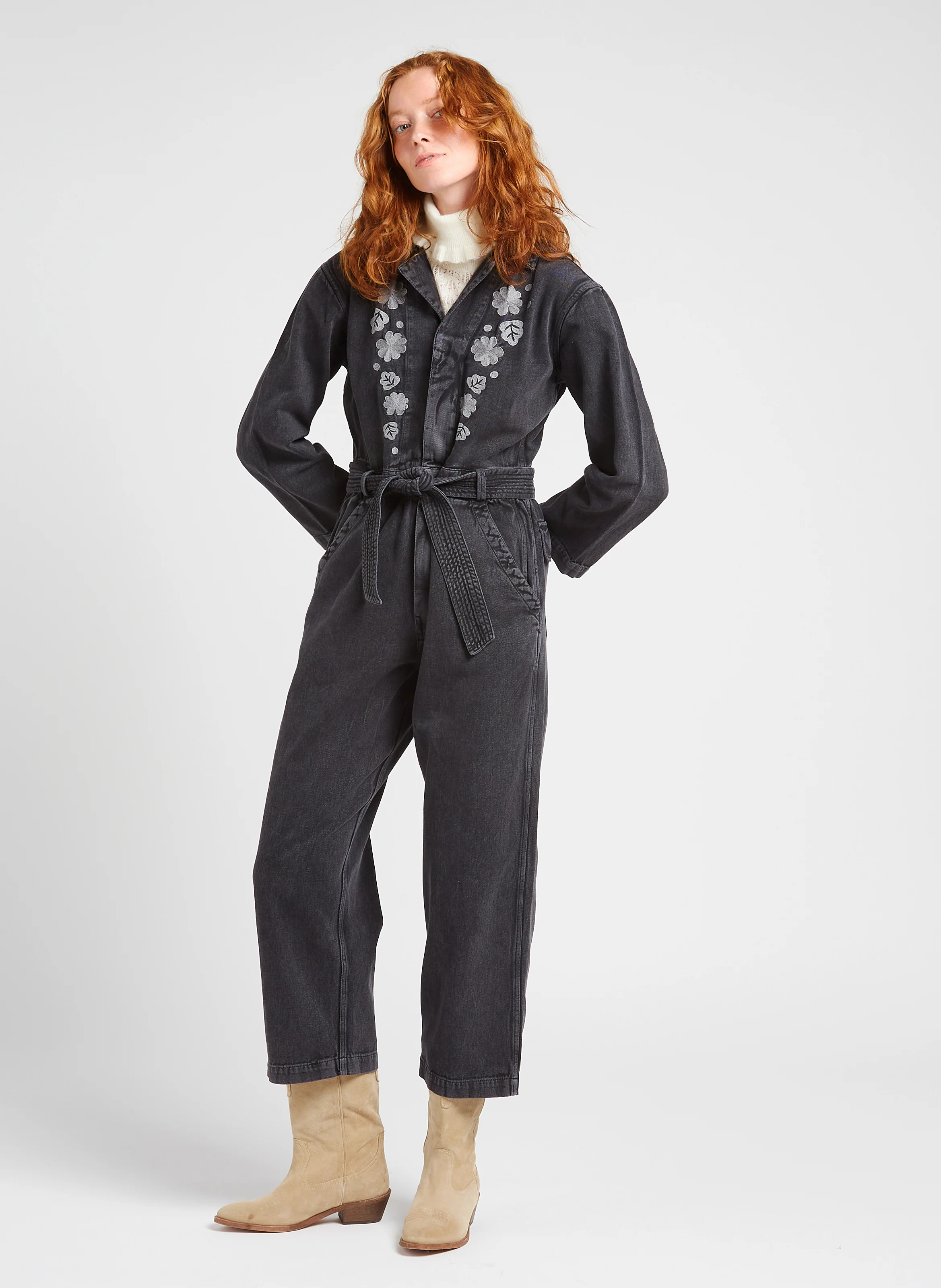 SYLVYNE - Combinaison col classique en jean | Gris