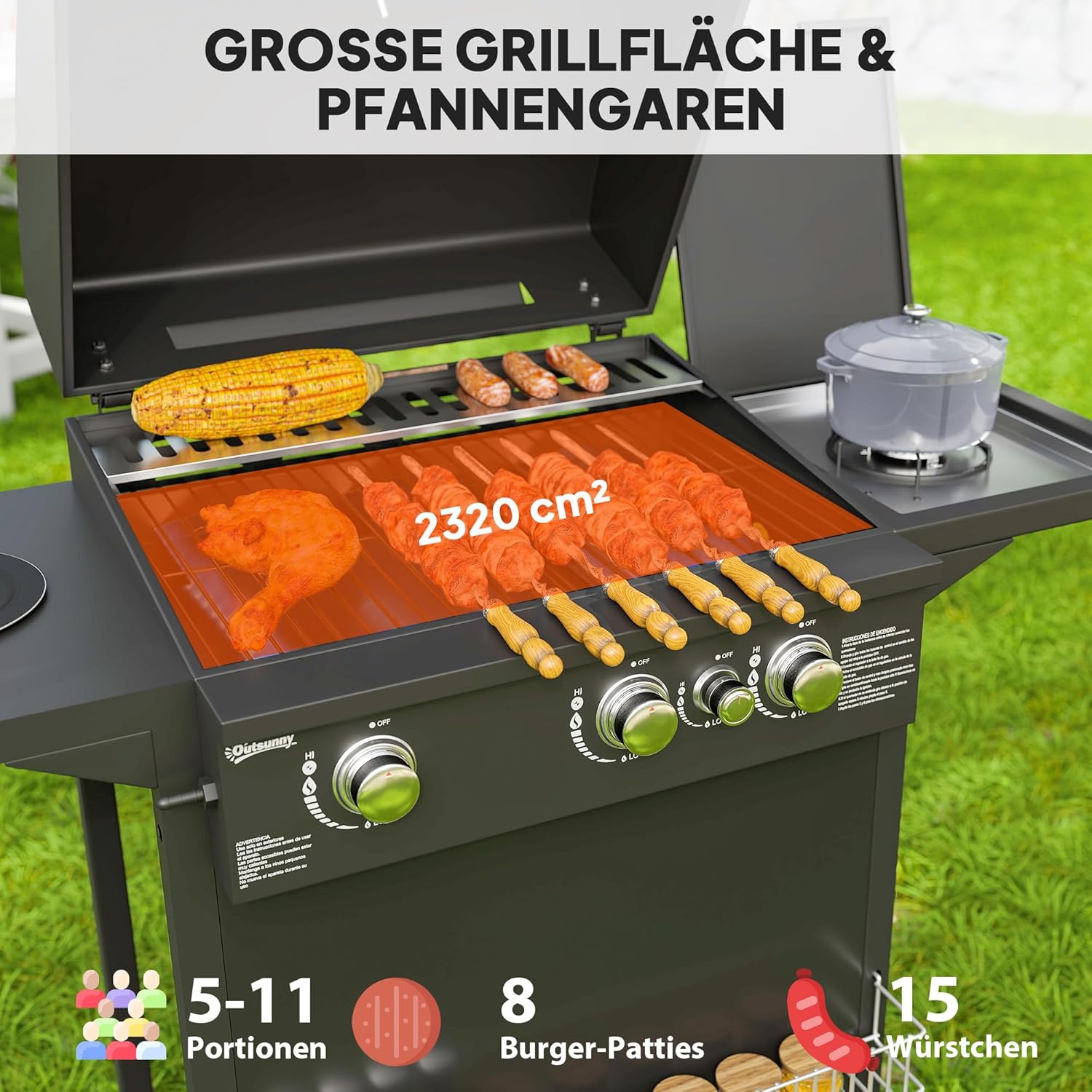 Outsunny Gasgrill 9,5 KW Grillwagen inkl 4 Brenner Seitenkocher Druckminderer Gasschlauch Rolle, BBQ Gartengrill mit 2 Heizzonen Deckel Seitenablagen Thermometer Grill für Balkon 123x57x98 cm