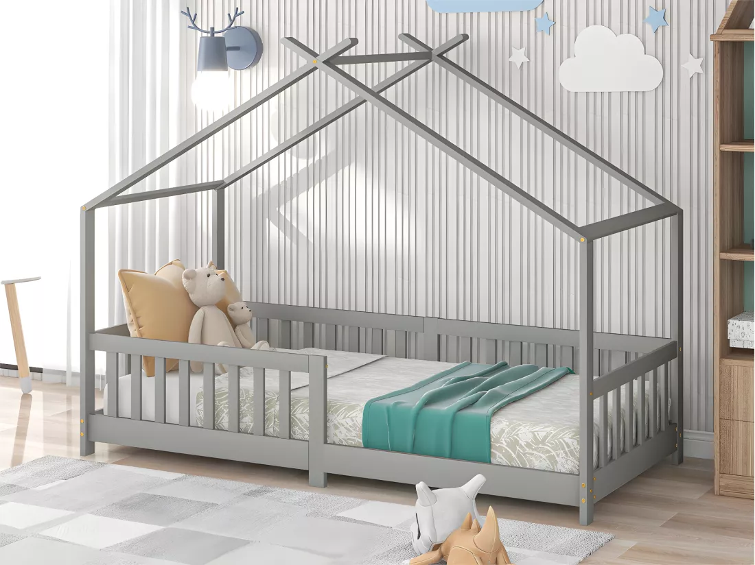 Lit cabane lit enfant 90x200cm en bois massif avec protection antichute et sommier à lattes - Gris