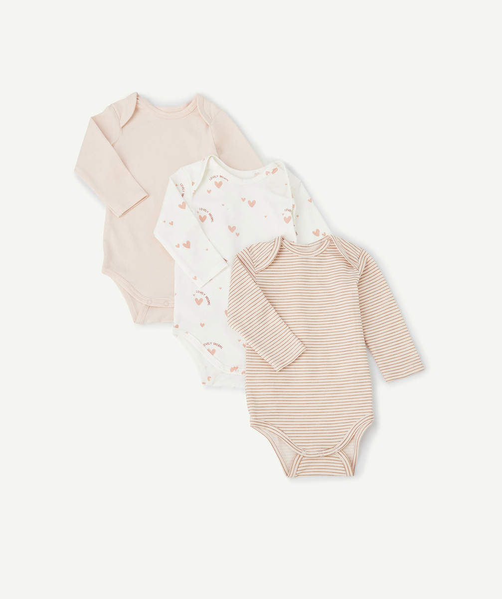 LOT DE 3 BODIES BÉBÉ EN COTON BIO BLANC ET ROSE UNIS ET IMPRIMÉS