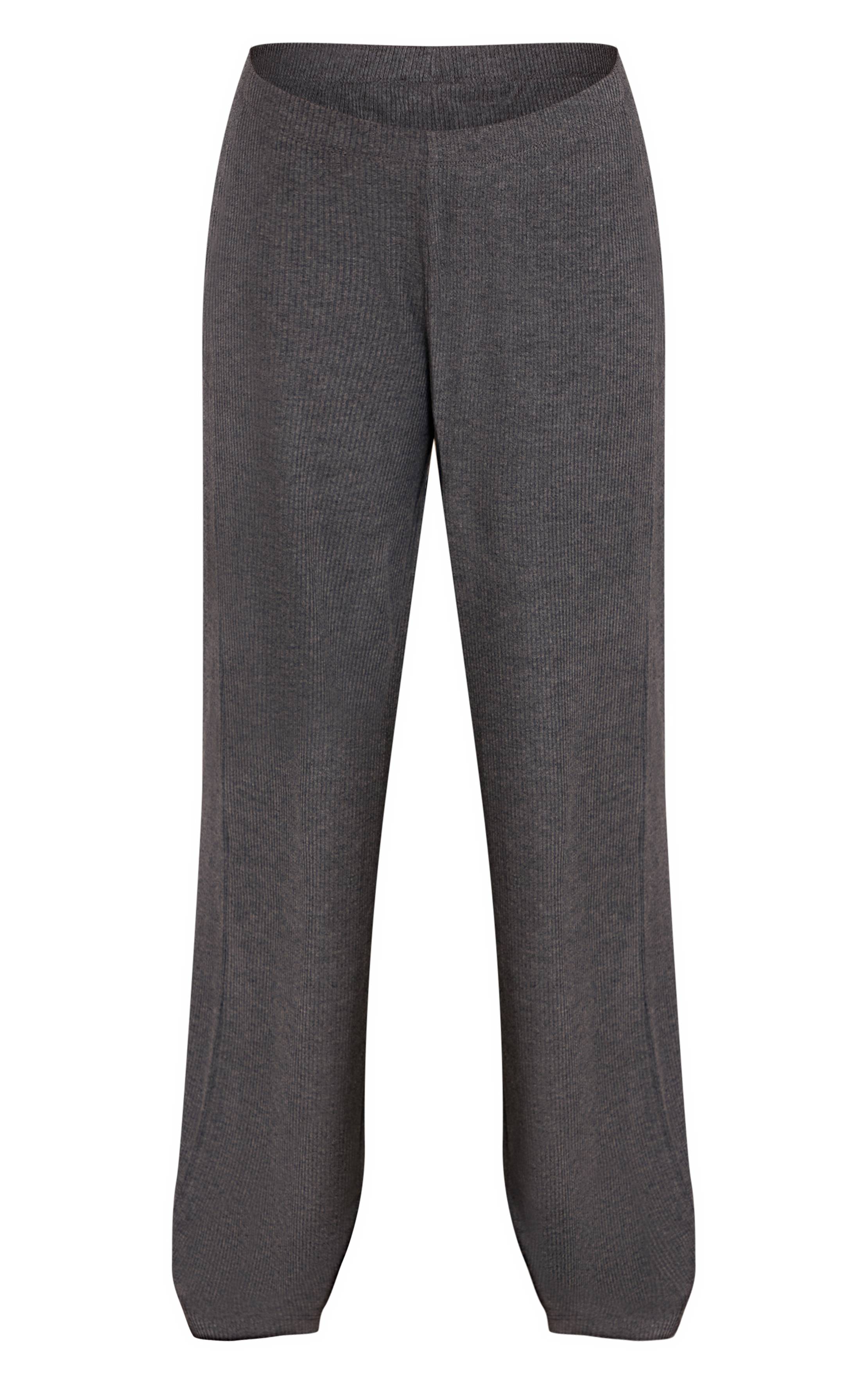 Charcoal Grey Pantalon Droit À Grosses Côtes Avec Taille Élastiquée