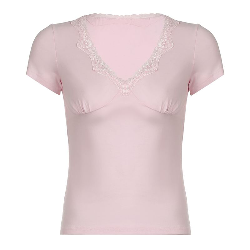 Puffie - T-shirt met korte mouwen, V-hals en effen kant