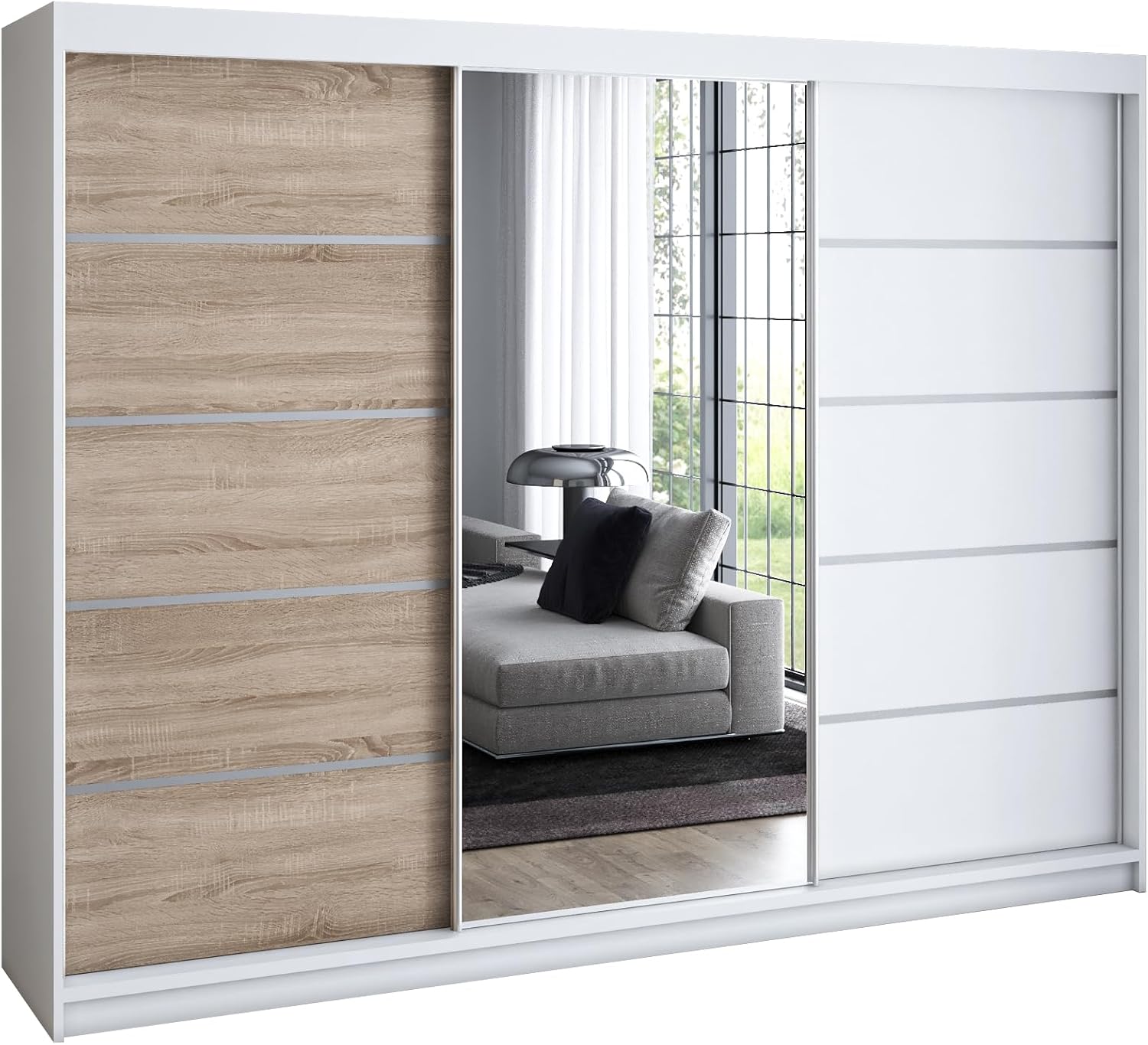 A&J MöbelLand Schwebetürenschrank VILUNO 1 Kleiderschrank 3-türig 200 cm mit Spiegel, 4 Schubladen & 2 Kleiderstangen, Geräumiger Schlafzimmerschrank (Weiß/Sonoma)
