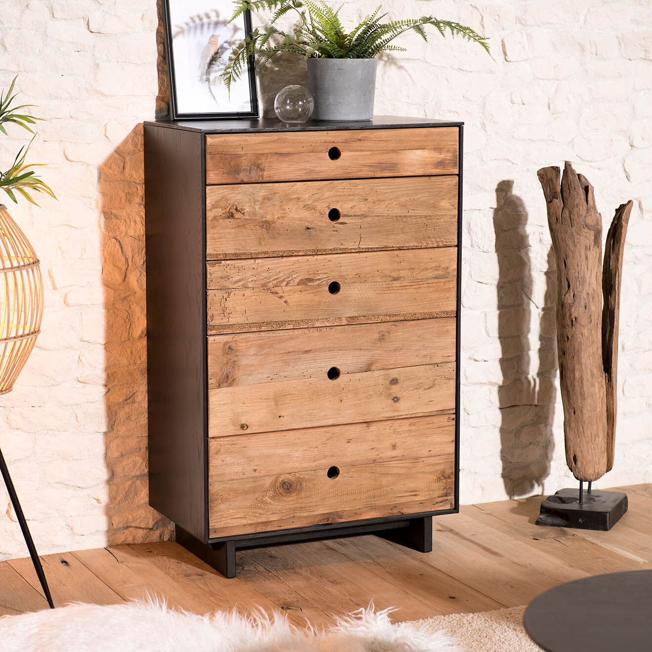 Macabane Meuble chiffonnier 5 tiroirs Sixtine bois naturel  - 70x40x110 cm