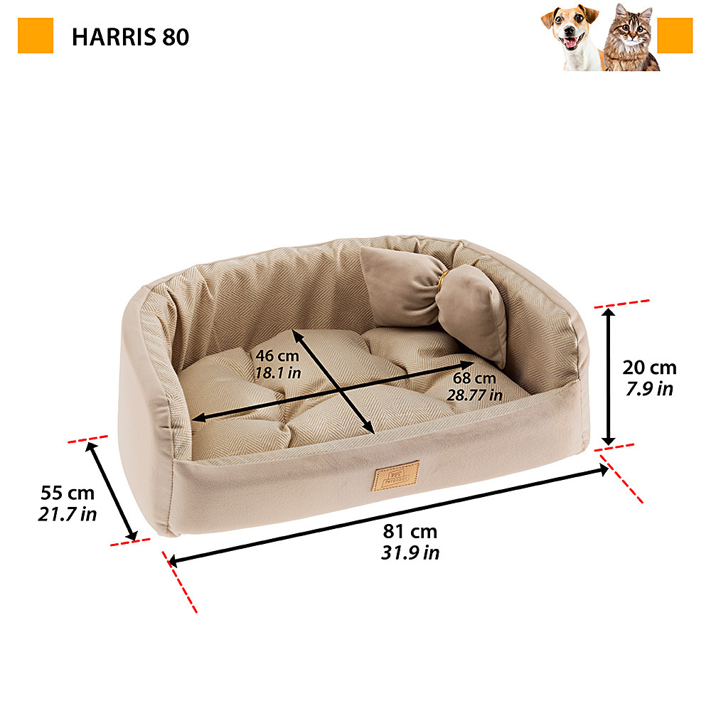 Couchage rembourré lit pour chiens harris 80, lavable, avec coussin, tweed et velours, beige