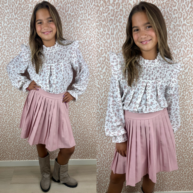 Floral top & pleated skirt set - Roze