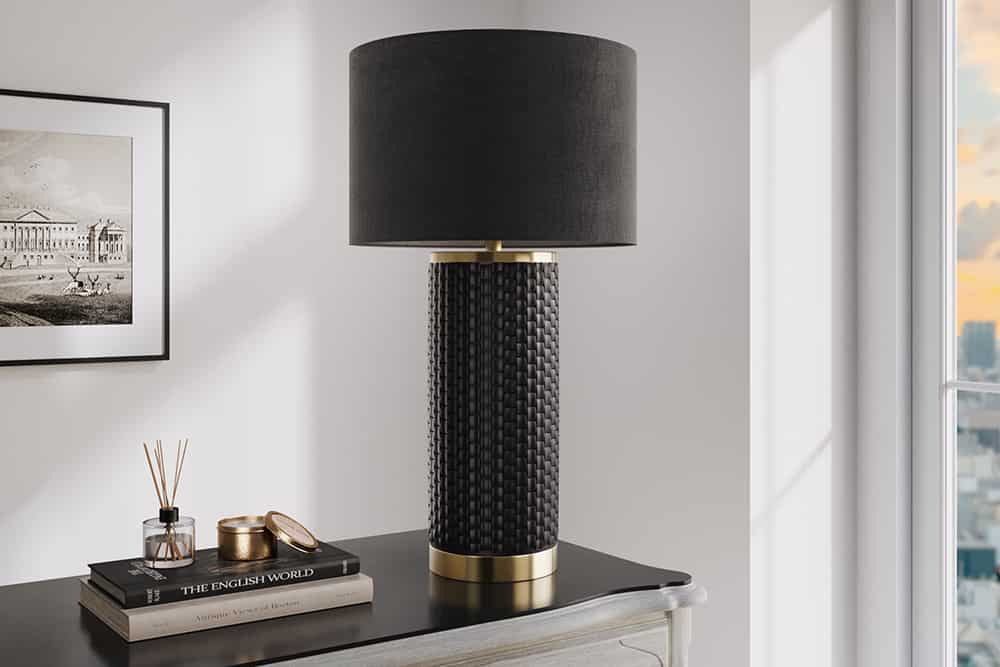 Moderne Tischlampe ELEGANCIA 70cm schwarz gold Keramik rund Stoffschirm
