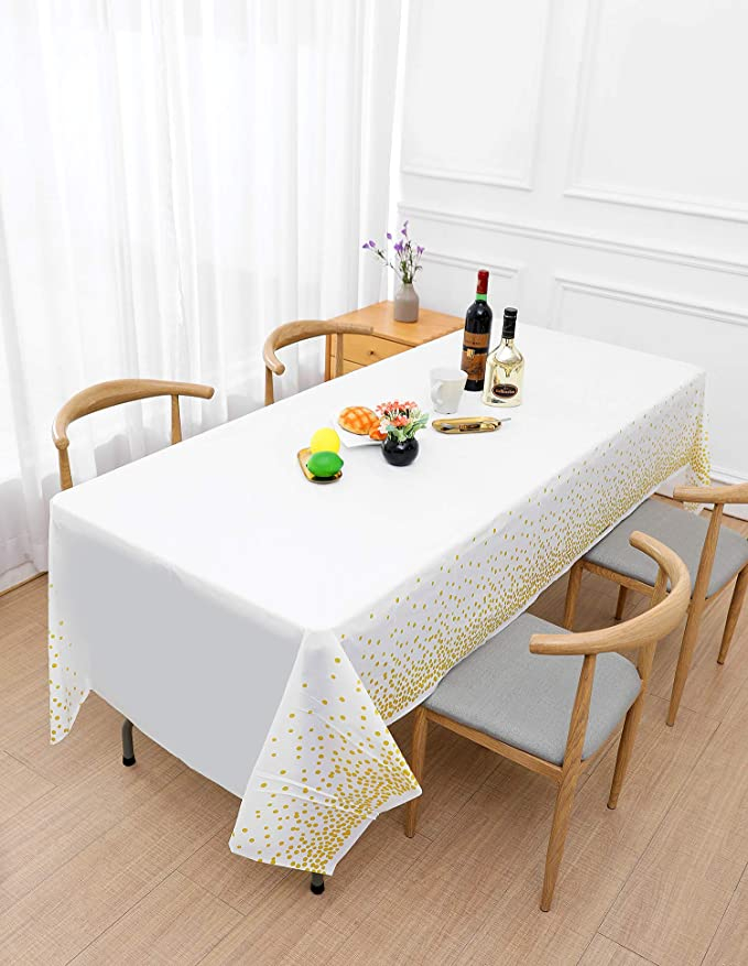 (270x135cm) Deko Tischdecke Party Dekoration Tisch Tuch Punkte Design - Weiss / Gold