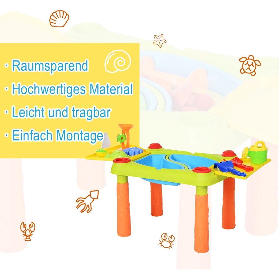 HOMCOM Kinder Sandkastentisch mit 16-tlg. Zubehör grün, gelb, orange
