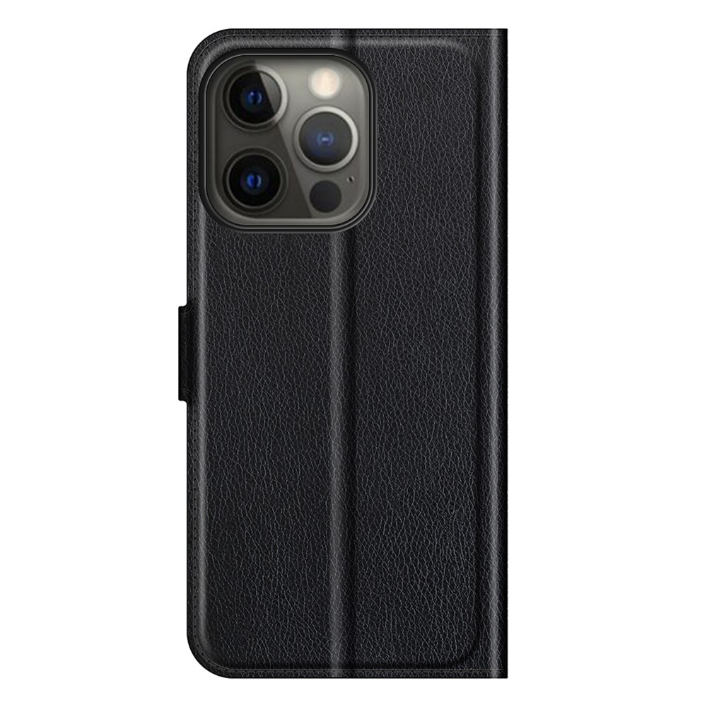 iPhone 13 Pro Leder Tasche Flip Cover Litchi Look - Schwarz
