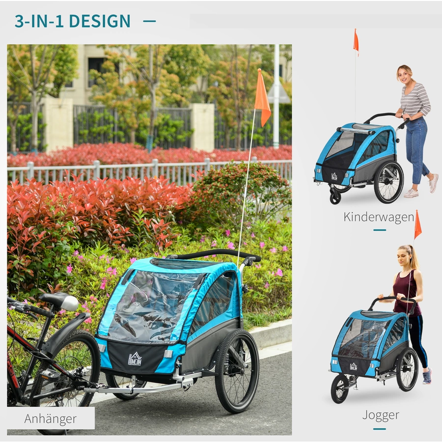 HOMCOM 3in1 Kinderwagen auch als Jogger und Fahrradanhänger blau