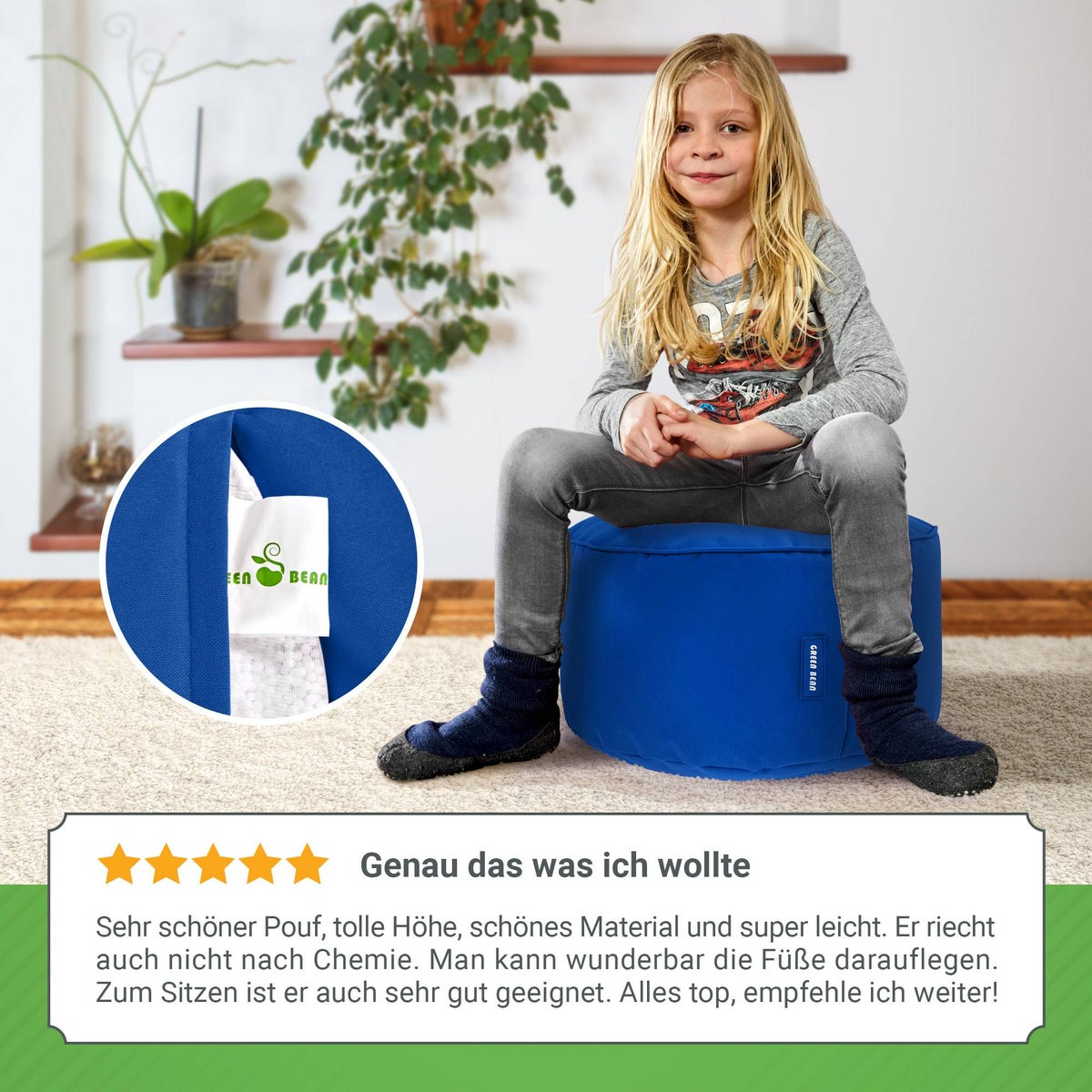 Green Bean Zitzakkruk 45x25cm met EPS-korrelvulling - Voetenbank Voetkussen Zitpoef voor Zitzakken - Vloerkussen voor Kinderen en Volwassenen - Voetsteun Zitkussen Zitkruk Blauw