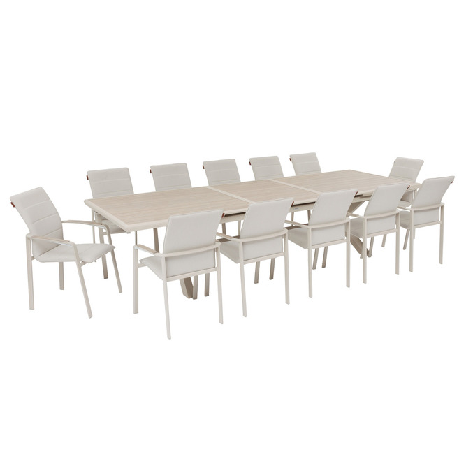 Ensemble table de jardin extensible AXIOME + 12 fauteuils empilables DIESE Argile