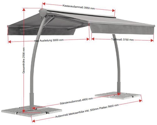 Vrijstaande zonnescherm Biella 3.95x3, doek effen grijs, frame RAL 7022 umbragrijs, inclusief motor en LED-verlichting