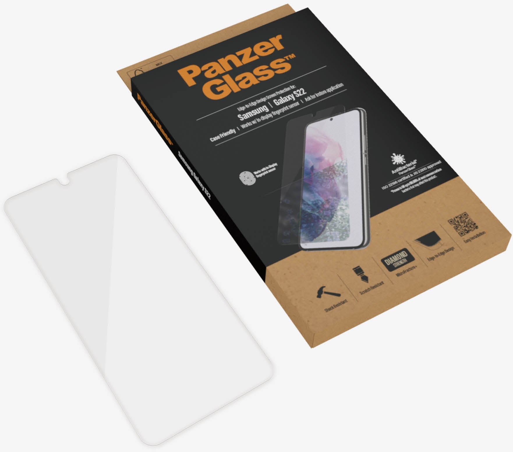 Samsung Galaxy S22 5G Antibakterielle Panzer Glas Displayschutz Case Friendly mit Rahmen (7293) - Schwarz
