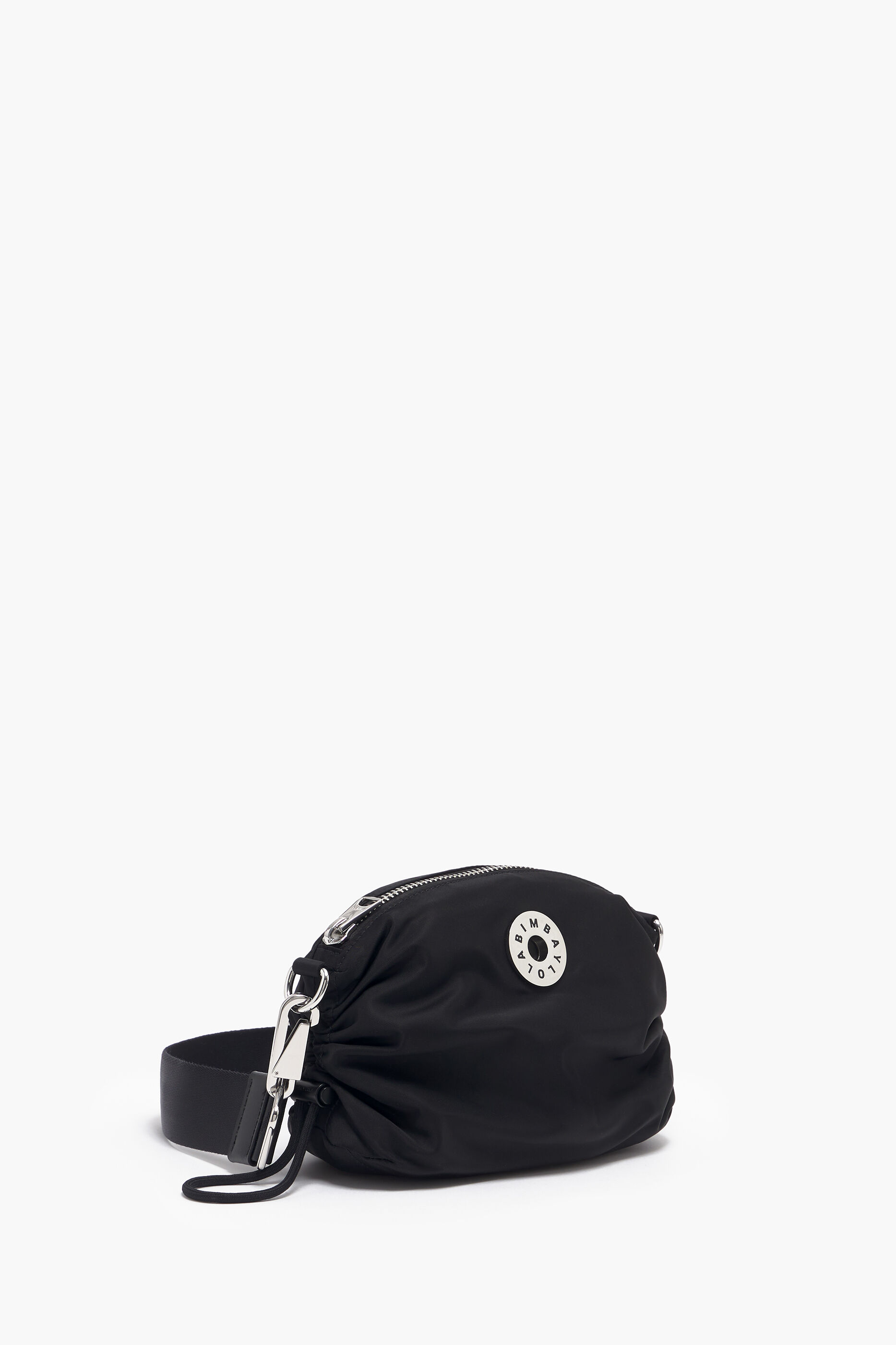 Bolsa de ombro pequena em nylon com franzido, preta.