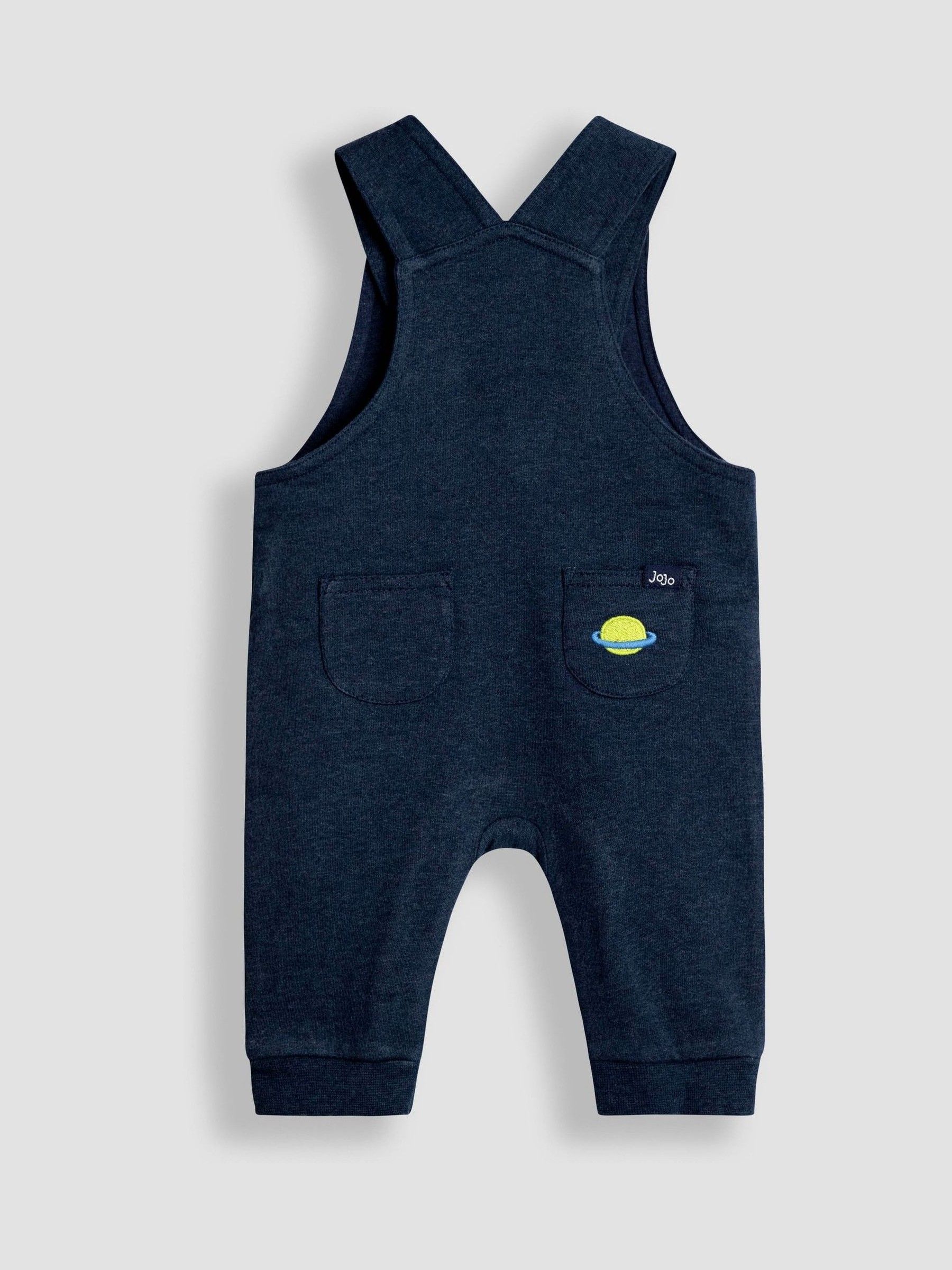 Marineblauw space - JoJo Maman Bébé 2-delige set van tuinbroek met applicatie en top met print