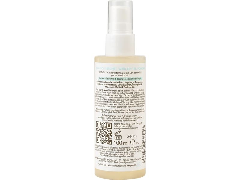 Jean & Len After Sun 100% Aloe Vera 100 ml Natürliches, beruhigendes und feuchtigkeitsspendendes Après Soleil