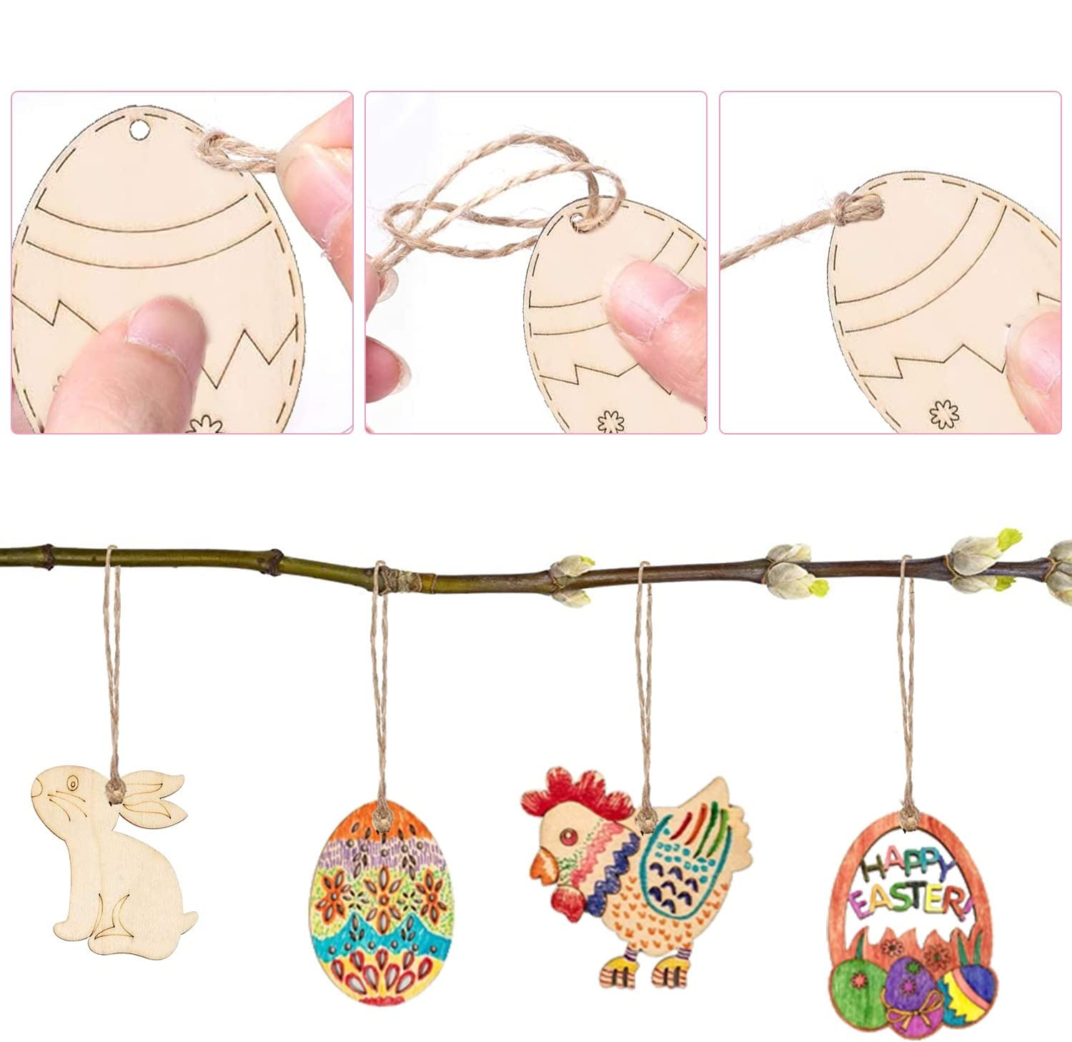 (20er Set) DIY Oster Geschenk Anhänger Bastel Home Deko Hase / Blume / Osterei Holzscheiben   Packschnur - Braun
