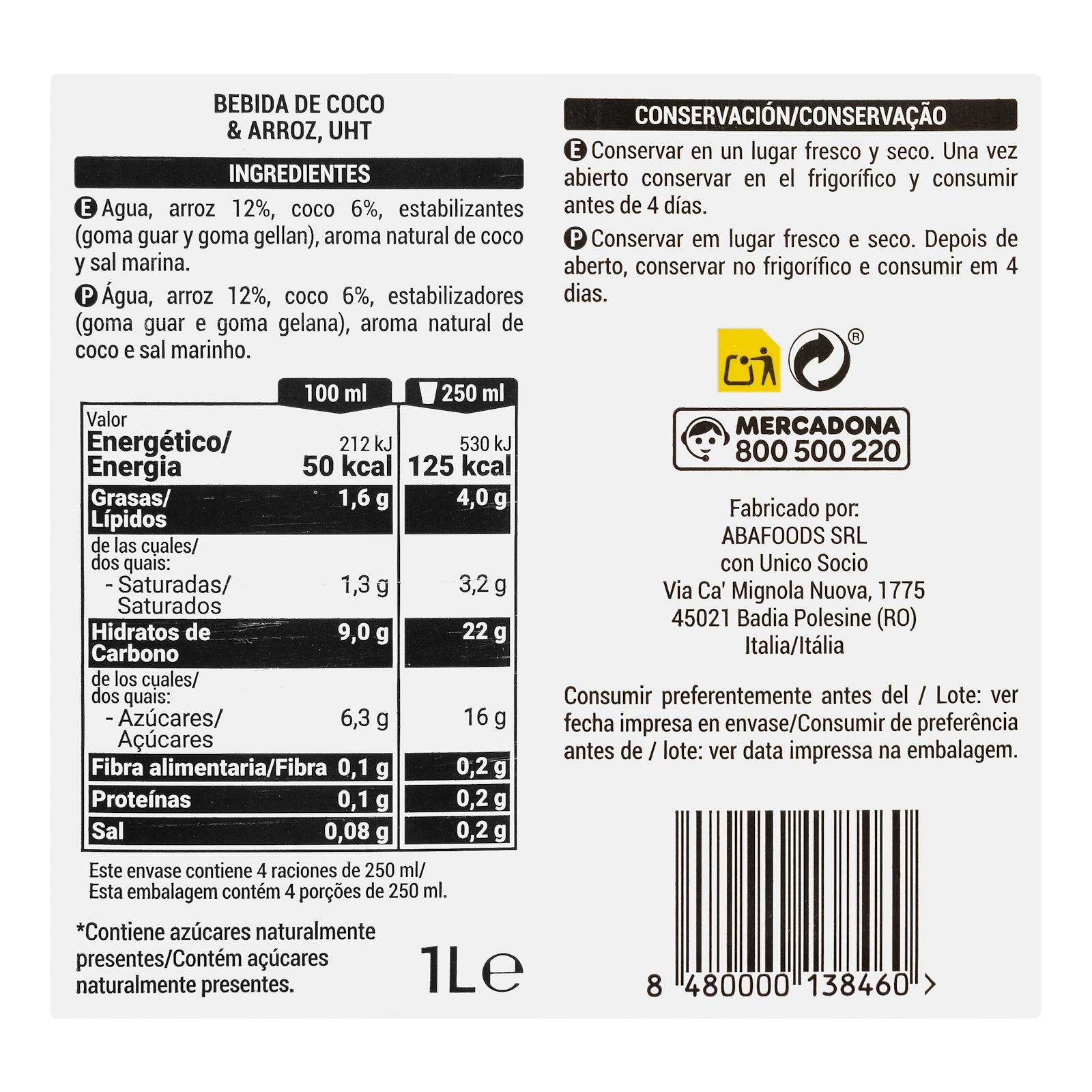 Boisson sans sucre à la noix de coco et au riz Hacendado