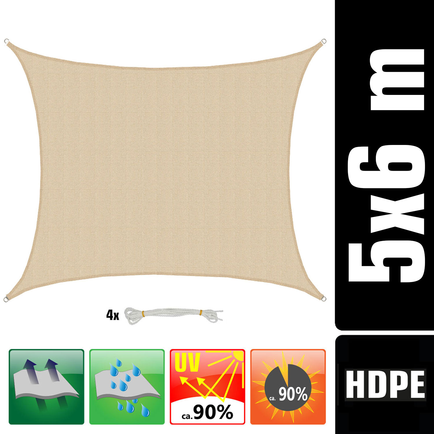 AMANKA 6x5m beige HDPE waterdoorlatend schaduwdoek