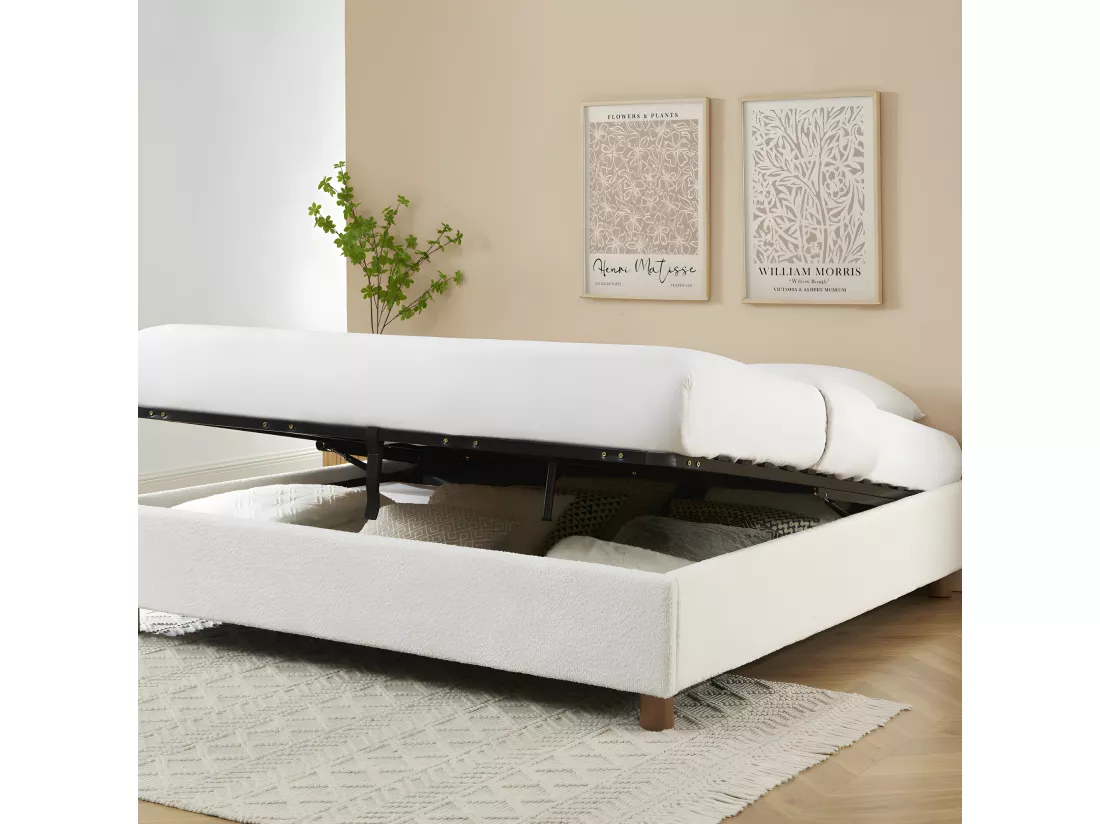 Millo - Lit coffre en tissu bouclette 180x200cm - Ecru