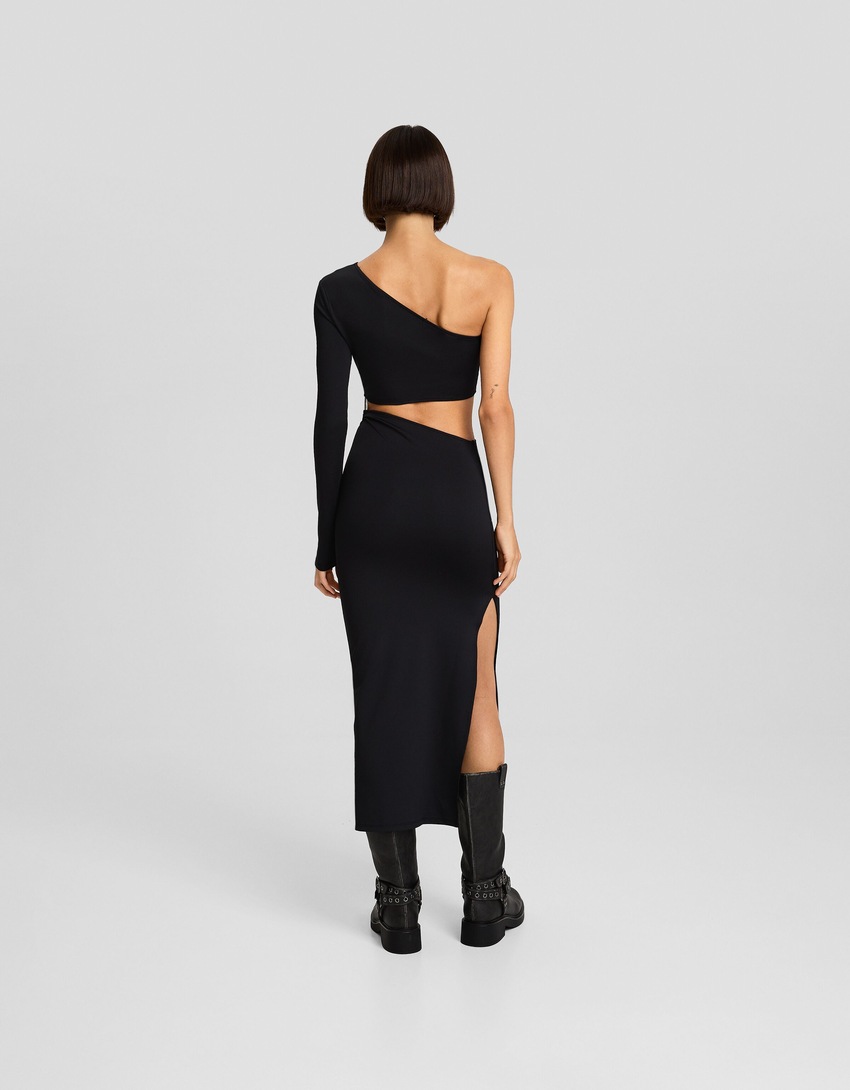 Vestido midi assimétrico de manga comprida com detalhe lateral